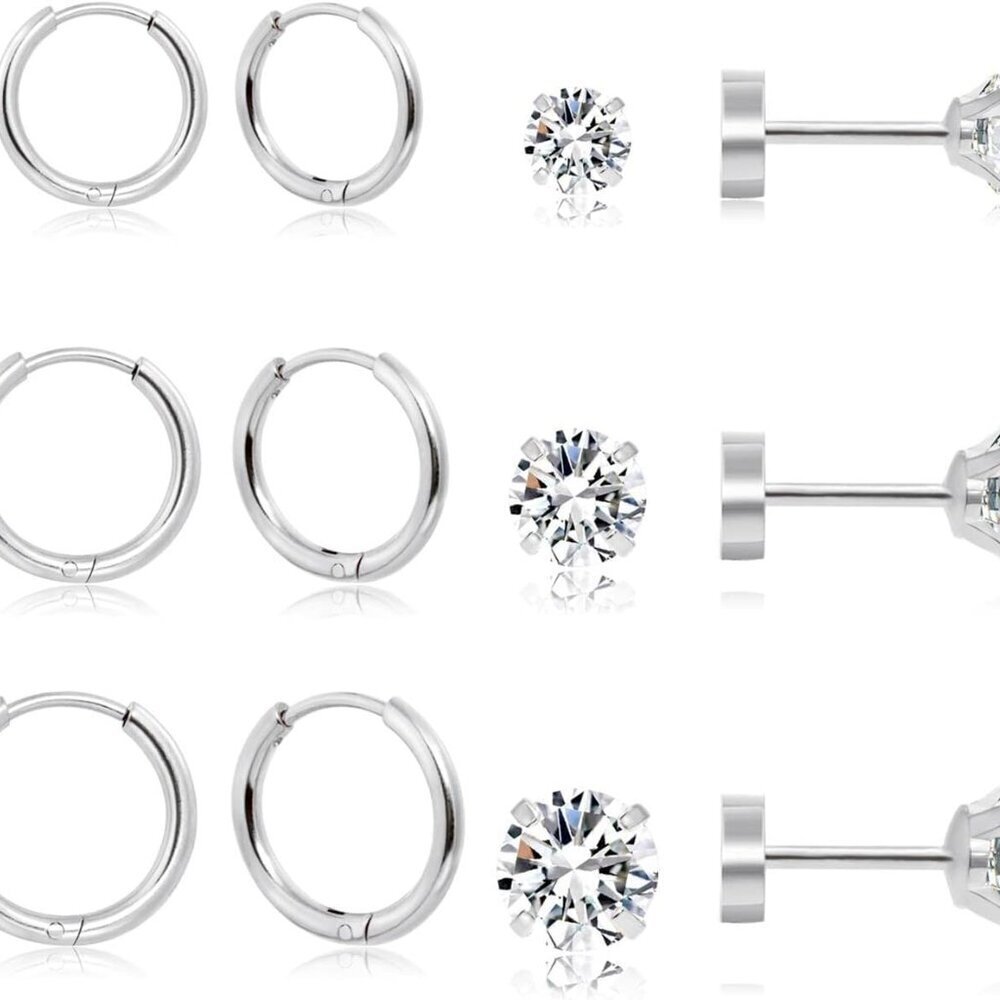 Set of 6 Lightweight Silver Gold Plated Surgical Steel Earrings for Multiple Pie